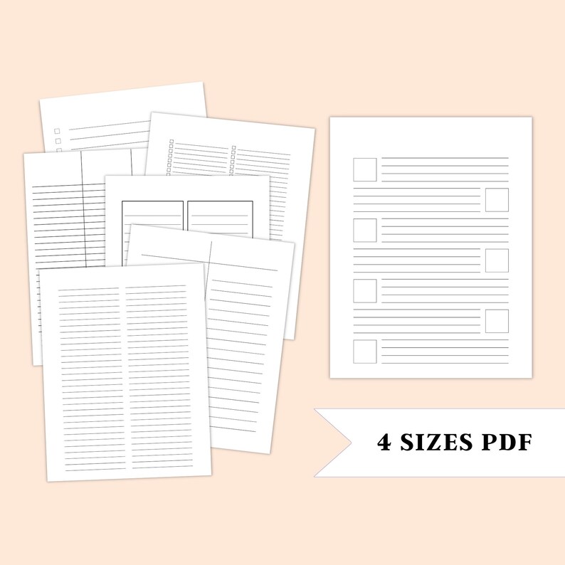 Assorted lined and checklist style paper pages arranged on a peach background, with multiple page designs grouped on the left and a single checklist page shown on the right, connected by an arrow graphic.