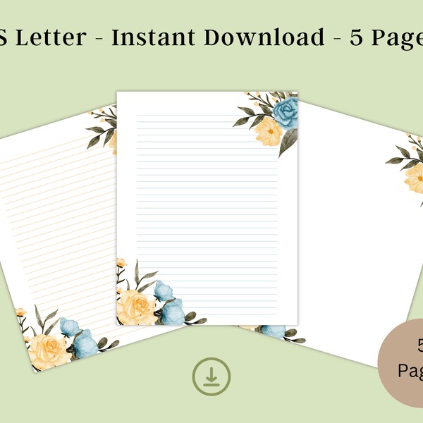 Stationery Writing Paper Printable, Digital Stationary Lined Paper Set, Floral Lined Paper Template, Writing Paper, Instant Download PDF
