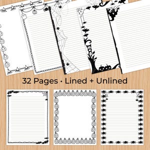 May include: A collection of 32 pages of stationery featuring black and white Halloween-themed borders with illustrations of pumpkins, ghosts, spiders, webs, bats, and owls. The pages include both lined and unlined options with the text 32 Pages • Lined + Unlined.