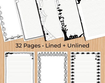 Peut inclure: Un ensemble de 32 pages de papeterie avec des bordures noires et blanches sur le thème d'Halloween, illustrées de citrouilles, fantômes, araignées, toiles, chauves-souris et hiboux. Les pages sont lignées ou non avec le texte 32 Pages • Lined + Unlined.