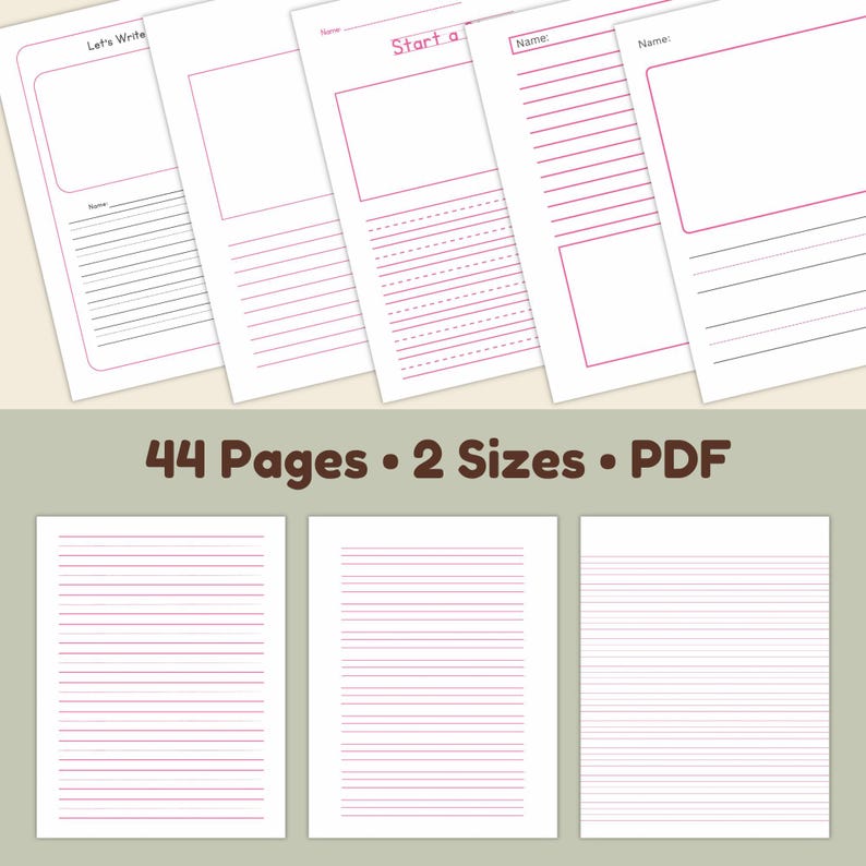 Pink Lined Writing Paper, College & Wide Ruled Paper Set, Digital PDF ...