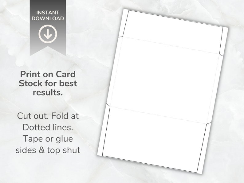 Envelope template sheet shown on a marble surface with printed cutting and folding guides and instructional text for how to assemble the envelope.