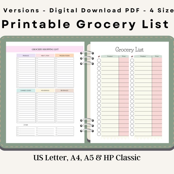 Grocery List, Printable Grocery List, Grocery Shopping List, Digital Grocery Template, Grocery Checklist, A4 A5 Letter, Instant Download PDF