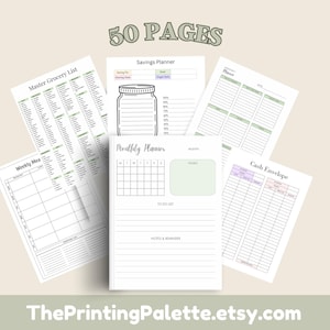Preview image showing a collage of planner pages, including a grocery list, meal planner, savings tracker, cash envelope tracker, and habit tracker arranged on a sage green and beige background.