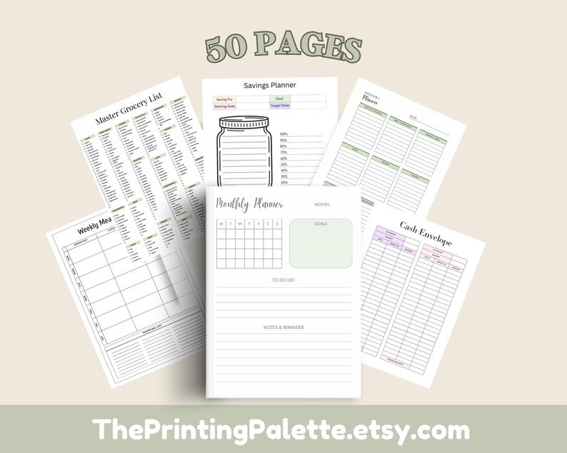 Preview image showing a collage of planner pages, including a grocery list, meal planner, savings tracker, cash envelope tracker, and habit tracker arranged on a sage green and beige background.