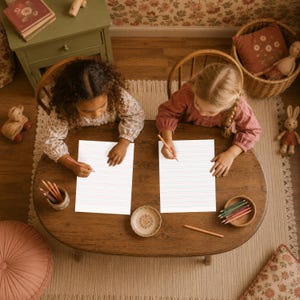 Two children at a wooden table using colored pencils on red and blue lined handwriting sheets.