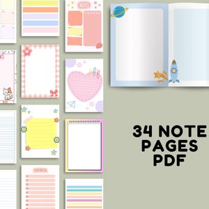 Collage of colorful note page designs arranged on a soft pink background, showing lined pages, pastel sections, decorative borders, and multiple layout styles displayed together.