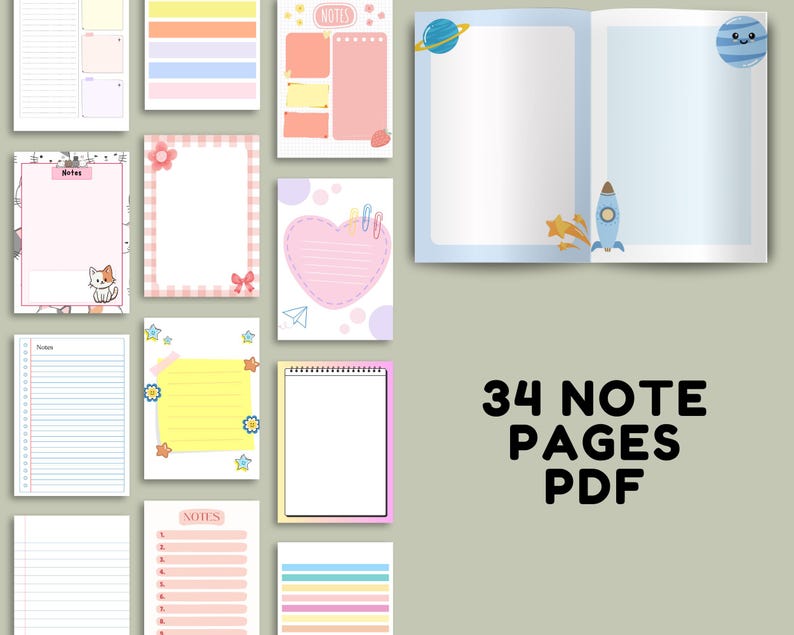 Collage of colorful note page designs arranged on a soft pink background, showing lined pages, pastel sections, decorative borders, and multiple layout styles displayed together.