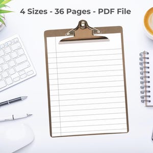 Black lined notebook pages shown in a collage layout on a neutral background, with several different line spacing styles displayed across multiple page designs.