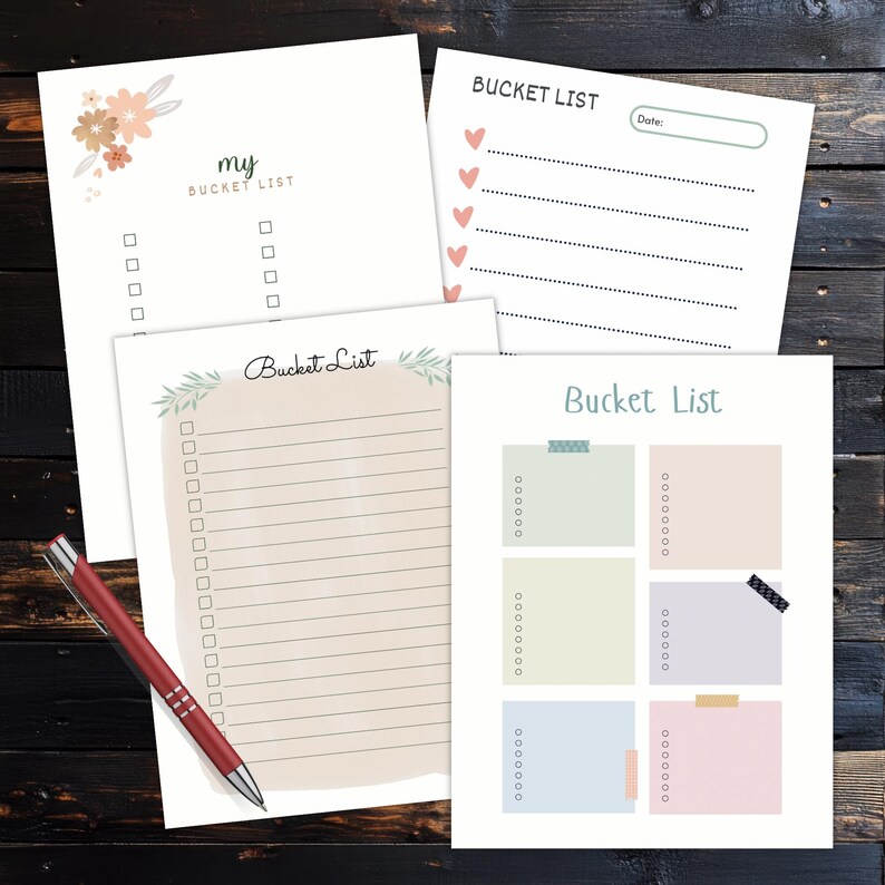 Four bucket list planner pages with checklist lines and colorful note boxes arranged on a dark wooden surface with a red pen beside the pages.