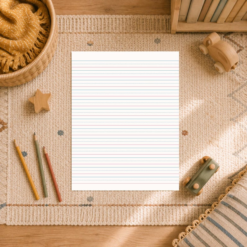 A handwriting practice page with red and blue lines on a cream textured rug with wooden toys and pencils.
