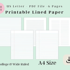 Printable Lined Paper PDF, College Ruled and Wide Ruled, US Letter & A4, Notebook Writing Paper, Note Paper Template, Instant Download
