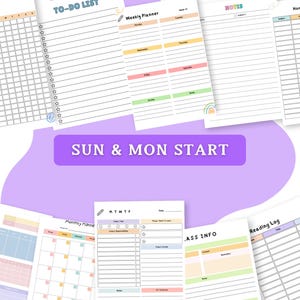 Colorful planner pages arranged in a collage, showing checklists, to-do lists, weekly planners, monthly planners, and reading log layouts.