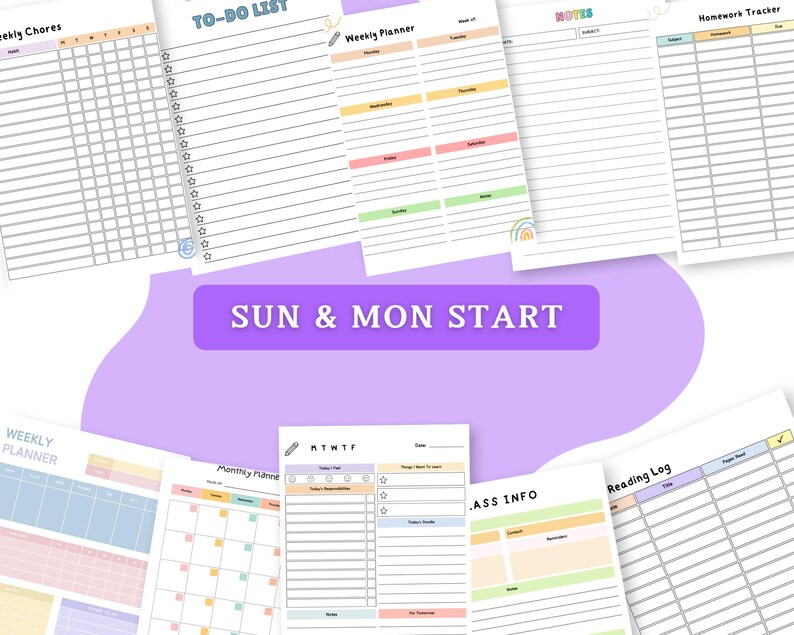 Colorful planner pages arranged in a collage, showing checklists, to-do lists, weekly planners, monthly planners, and reading log layouts.