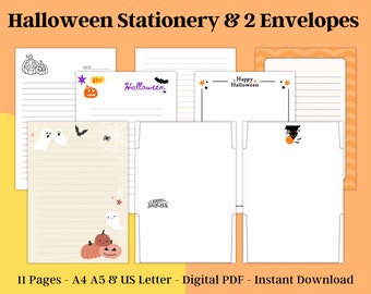 Halloween Stationery Set, Kids Writing Paper, Envelopes and Bookmarks, US Letter & A4 A5 PDF