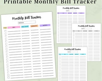 Printable Monthly Bill Tracker, 12 Color Budget Sheets, 4 Sizes Included, PDF Bill Organizer, Free Savings Tracker, Instant Download