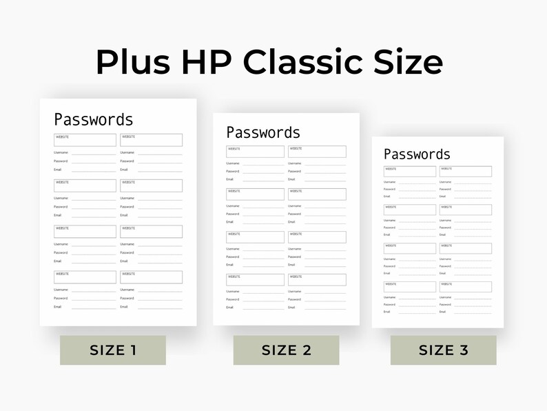 Three password log pages displayed side by side in different proportions, each featuring a clean black and white layout with labeled fields for website, username, password, and email on a white background.