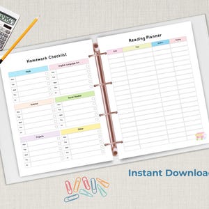 Open binder on a neutral surface showing two colorful school planner pages, with a homework checklist on the left and a reading planner on the right, alongside a pencil, calculator, and paper clips.