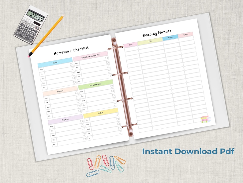 Open binder on a neutral surface showing two colorful school planner pages, with a homework checklist on the left and a reading planner on the right, alongside a pencil, calculator, and paper clips.