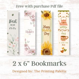 Four vertical Mother’s Day bookmarks displayed side by side, featuring floral and vintage teapot designs with soft pastel colors, on a light wood background.