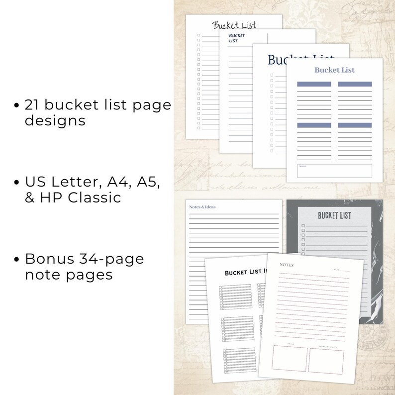 Collage layout showing several bucket list planner pages and lined note pages arranged on a vintage style background.