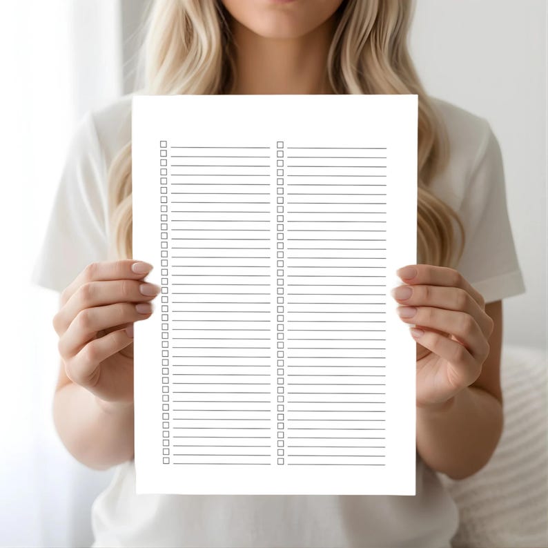 A woman holding a black lined checklist page with two vertical columns of evenly spaced lines and small square checkboxes, shown against a soft neutral background.