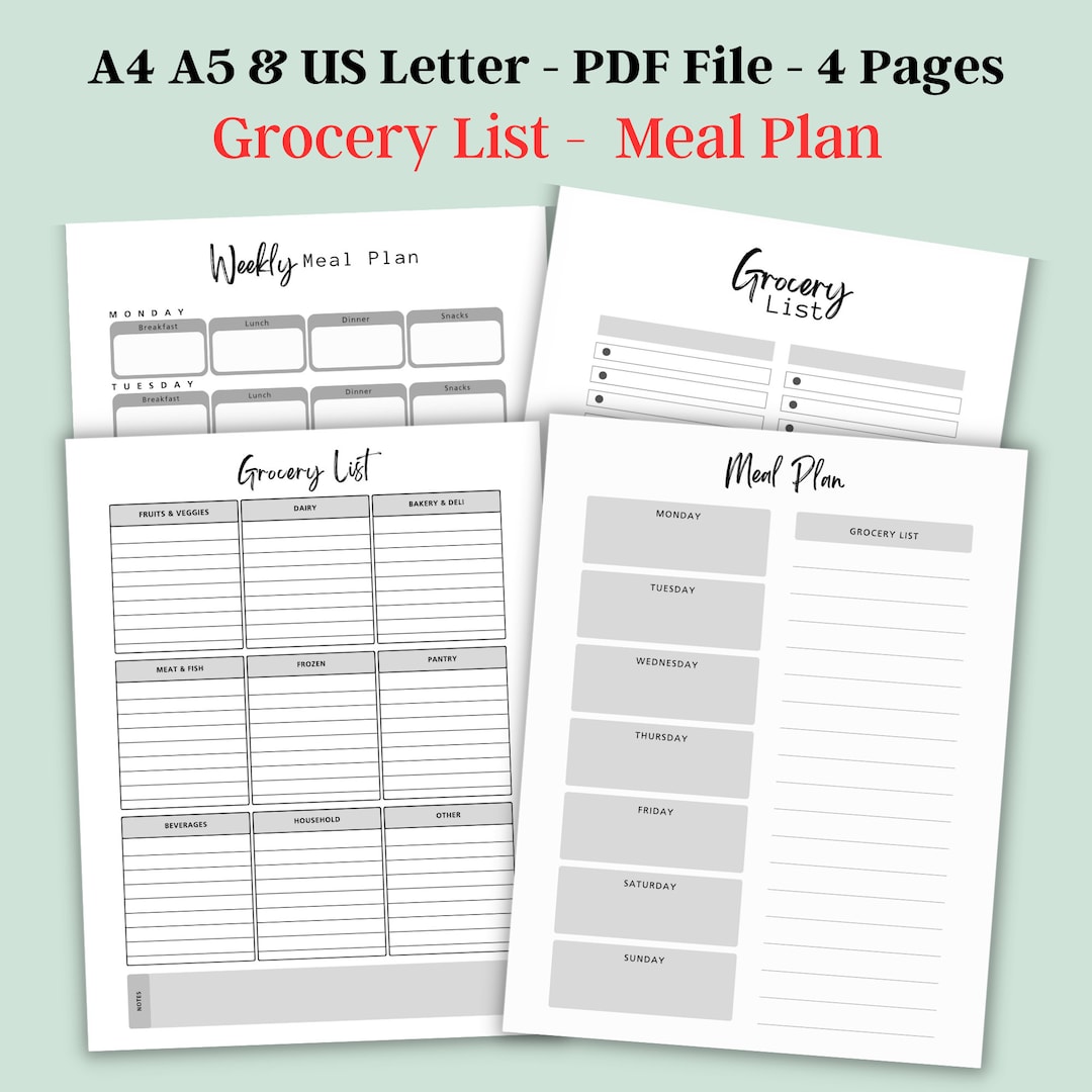 Printable Grocery List and Meal Planner Printable PDF, Weekly Shopping ...