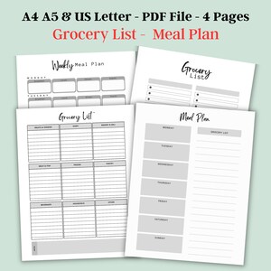 Op de afbeelding: Een printbare boodschappenlijst en maaltijdplanner met secties voor een wekelijks maaltijdplan, een boodschappenlijst en een maaltijdplan. De planner is ontworpen voor een week en bevat secties voor ontbijt, lunch, diner en snacks.