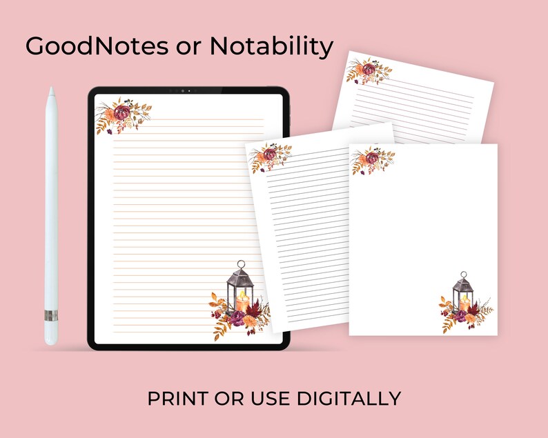 Fall stationery with floral lantern design, lined and blank pages.
