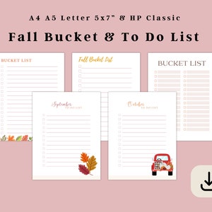 May include: Printable fall bucket list and to-do list with a red truck, fall leaves, and the words "Fall Bucket List", "September To Do List", and "October To Do List".