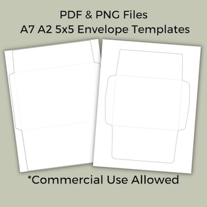 Conjunto de modelos de envelopes para uso comercial, PDF e PNG digitais, tamanhos A7, A2 e 5x5 (quadrado).