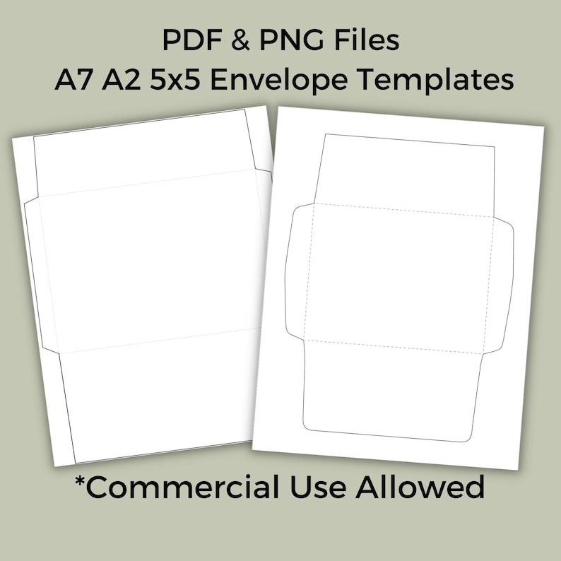 Two envelope template outlines displayed on white sheets with fold lines and side flaps visible.
