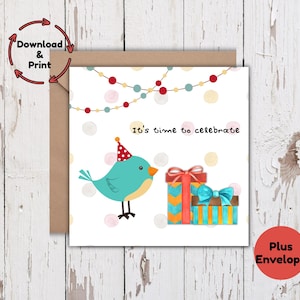 Carte d'anniversaire imprimable, carte d'anniversaire sans distinction de sexe, carte pour enfant ou adulte, carte d'oiseau mignon avec des cadeaux, téléchargement immédiat, carte de fête bricolage