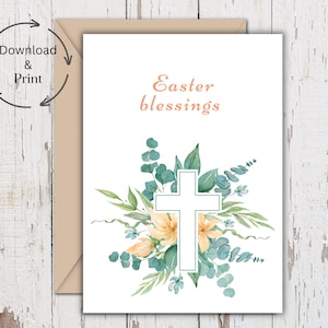 Osterkarte religiöses Kreuz zum Ausdrucken, Osterkarte, Grußkarten, florale christliche Kartenvorlage, Ostersegen Karte, Sofort Download PDF