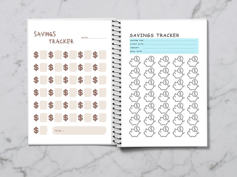 May include: A savings tracker with a grid of dollar signs and a separate page with a grid of piggy banks. The tracker has a section for entering the date, saving for, start date, amount, and goal date.