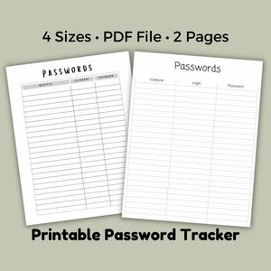 Password Tracker Log, Login Template, Planner Insert, Digital PDF, US Letter A4 A5 HP Classic