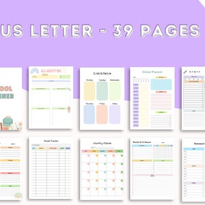 Multiple colorful school planner pages arranged in a neat grid, showing a variety of layouts such as schedules, checklists, planners, and trackers on a light background.