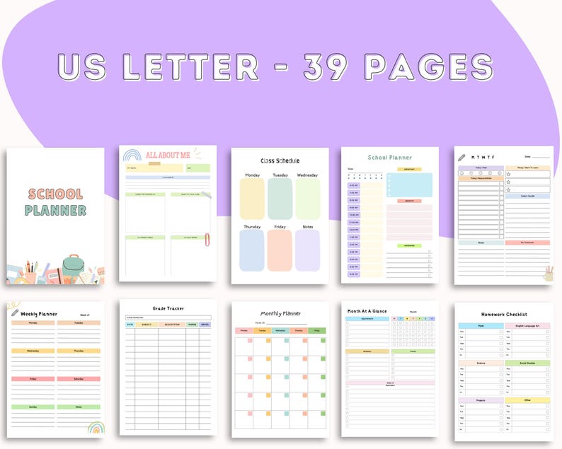 Multiple colorful school planner pages arranged in a neat grid, showing a variety of layouts such as schedules, checklists, planners, and trackers on a light background.