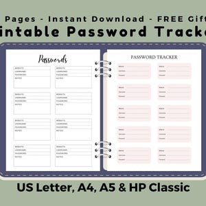 Password Tracker Printable, Login Keeper Log, Password Organizer, US Letter A4 A5 HP Classic