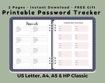 Passwort-Tracker zum Ausdrucken, Anmeldeprotokoll, Passwort-Organizer, US Letter A4 A5 HP Classic