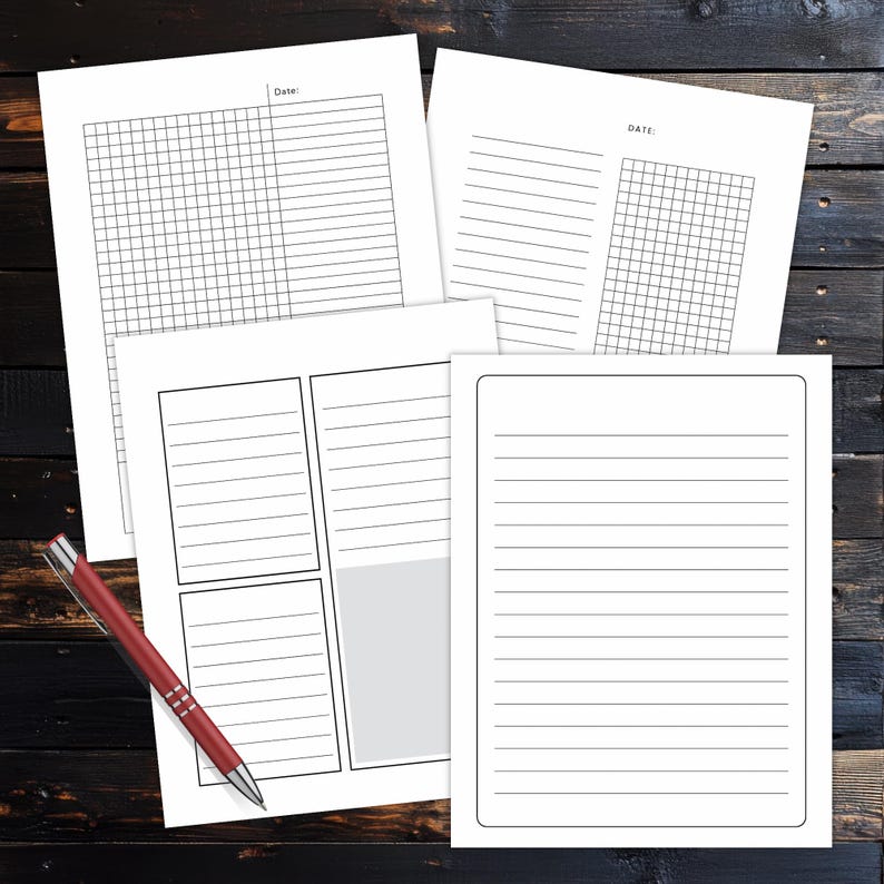Black lined and grid notebook pages arranged on a dark wood desk with a red pen, showing multiple writing and note page styles in a clean minimalist layout.