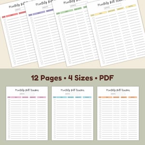 Multiple monthly bill tracker pages in assorted color themes arranged in two rows on a light background, each sheet showing lined sections and checkbox columns.