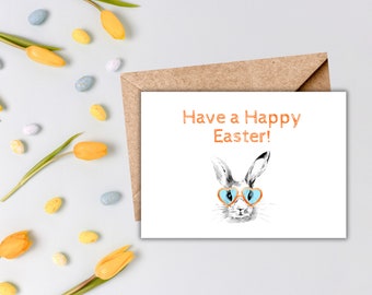 Happy Easter Bunny Card Glasses, Printable Greeting Card, Digital PDF, 5x7