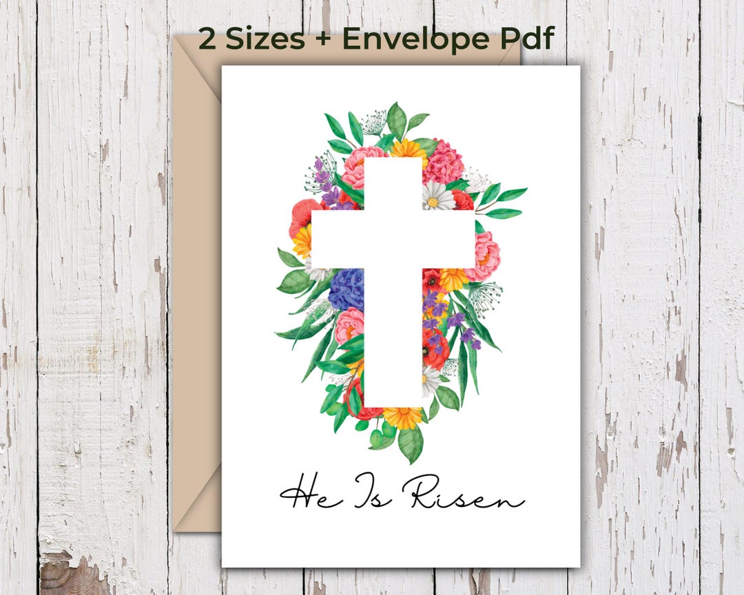 He is Risen Easter Card Printable, Christian Floral Cross Greeting ...