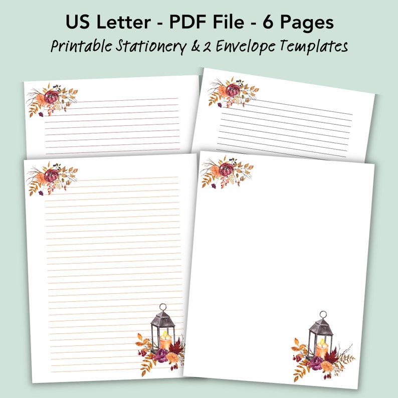 Watercolor fall stationery set featuring a lantern with glowing candles and autumn florals in orange, red, and purple. Shows lined and blank letter writing paper plus matching envelope templates, perfect for journaling, seasonal notes, or pen pal letters.
