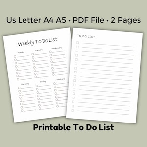 Lista de tareas minimalista, diaria y semanal, PDF digital, tamaño carta (EE. UU.) A4 A5 HP Classic