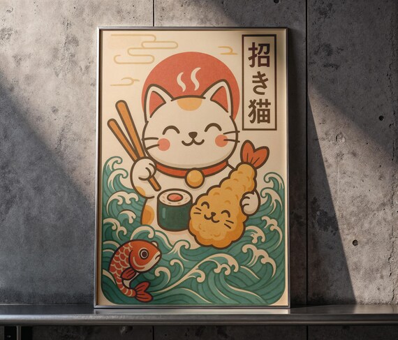 Lucky Cat Japanese Poster – Maneki-neko Kawaii Wall Art, Digital Download PNG SVG PDF