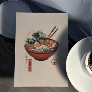 Japanese Ramen Print – Minimalist Great Wave Kitchen Poster, Mount Fuji Wall Art, Gift for Food Lovers PNG