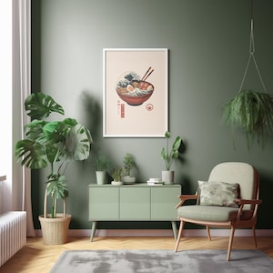 Ramen Bowl Japanese Art Print – Great Wave and Mount Fuji, Minimalist Kitchen Wall Decor, Asian Food Illustration PNG