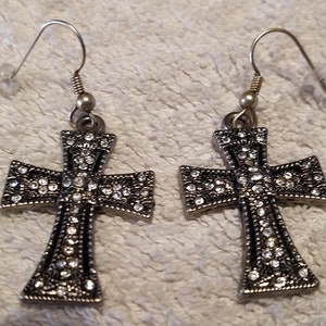 Black and Silver Metal Cross with Clear Rhinestones on fishhook wires. Gothic, Christian. Free Shipping. Great gift idea.